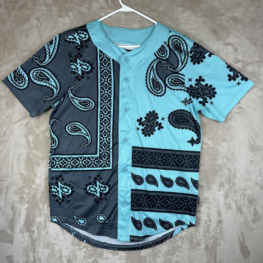 Rebel Minds Shirt Mens Large Blue Paisley Bandana Baseball Jersey Button Up